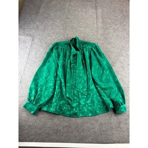 David Benjamin Vtg Green Jacquard Bow Tie Blouse Emerald Womens L Secretary 90s